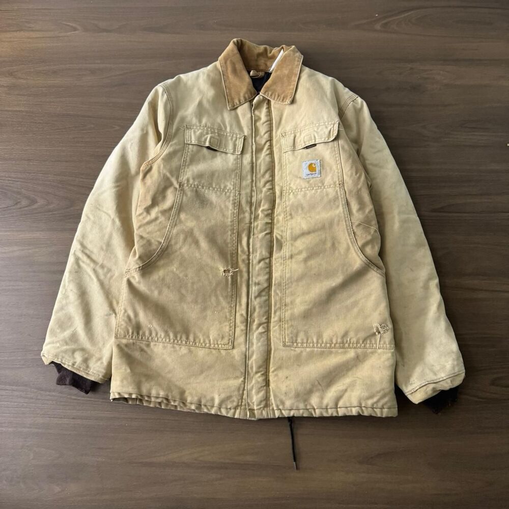 Vintage Carhartt Men's Tan and Cream Jacket Distressed Size XL